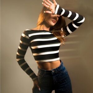 Bershka Open-Back Long Sleeve Crop Top with stripes